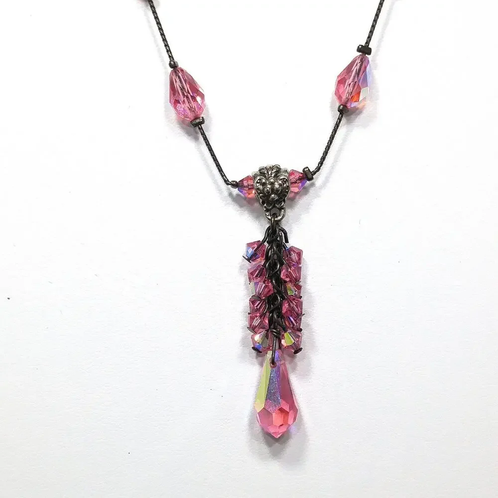 Dabby Reid Pink Swarovski Crystal Necklace, AB Beads, Dark Chain Vintage Jewelry